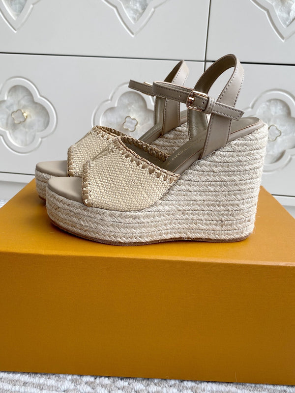 LV Beige·Raffia Straw Wedge Sandals 11.5cm Light Brown Lining Leather 291590