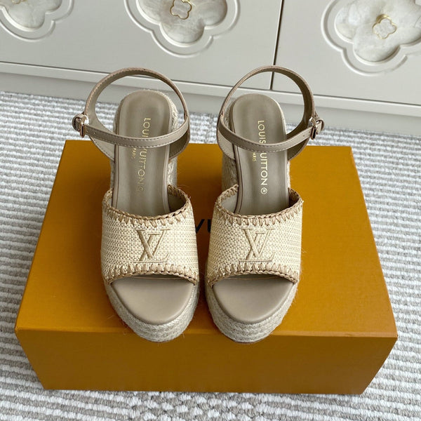 LV Beige·Raffia Straw Wedge Sandals 11.5cm Light Brown Lining Leather 291590