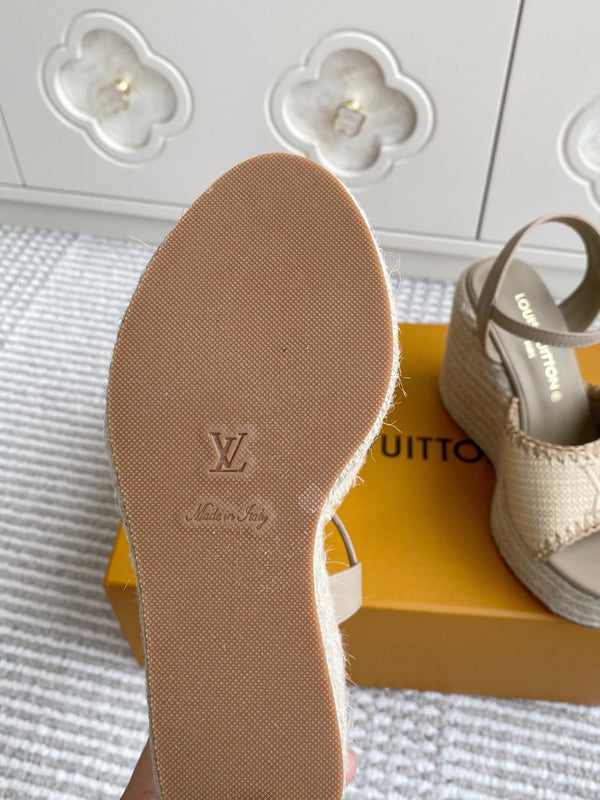 LV Beige·Raffia Straw Wedge Sandals 11.5cm Light Brown Lining Leather 291590