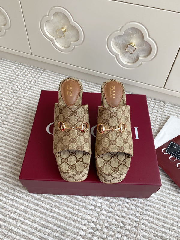 GC 25 Wedge With Horsebit Sandal Beige and Dark Brown Canvas 291029