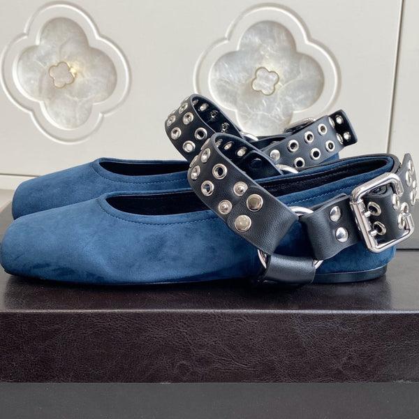 Alaia 25 Biker Ballet Flats Blue Suede 291056