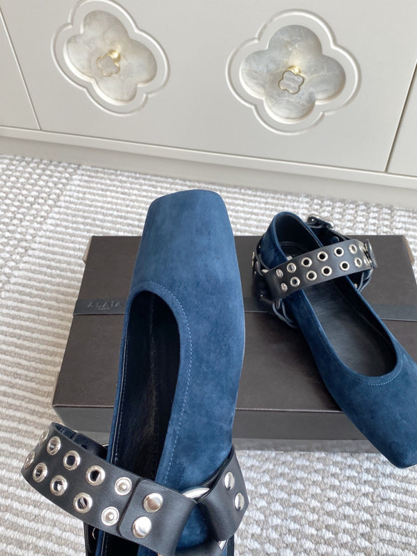 Alaia 25 Biker Ballet Flats Blue Suede 291056