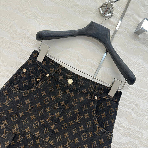 LV 25 Classic Logo Denim Skirt Black Cotton