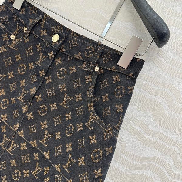 LV 25 Classic Logo Denim Skirt Black Cotton