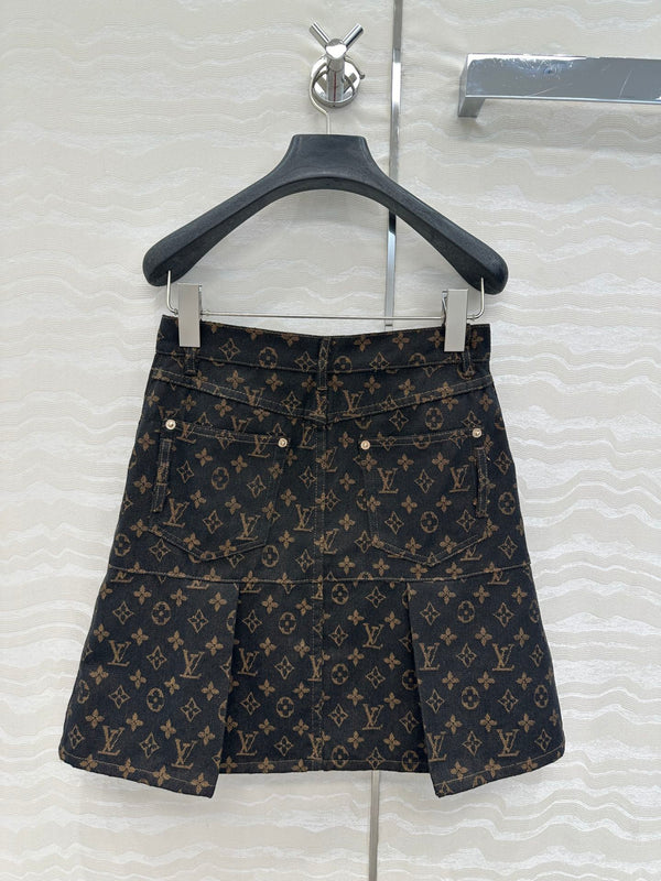 LV 25 Classic Logo Denim Skirt Black Cotton
