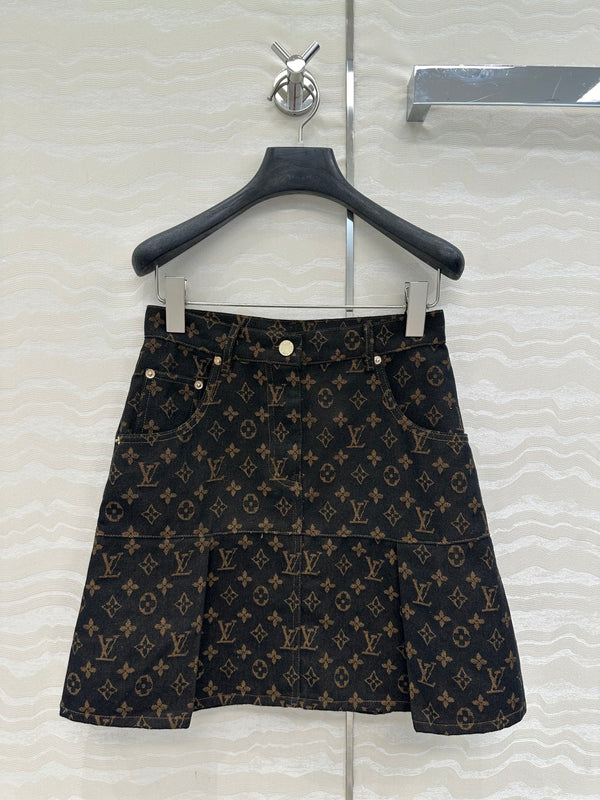 LV 25 Classic Logo Denim Skirt Black Cotton
