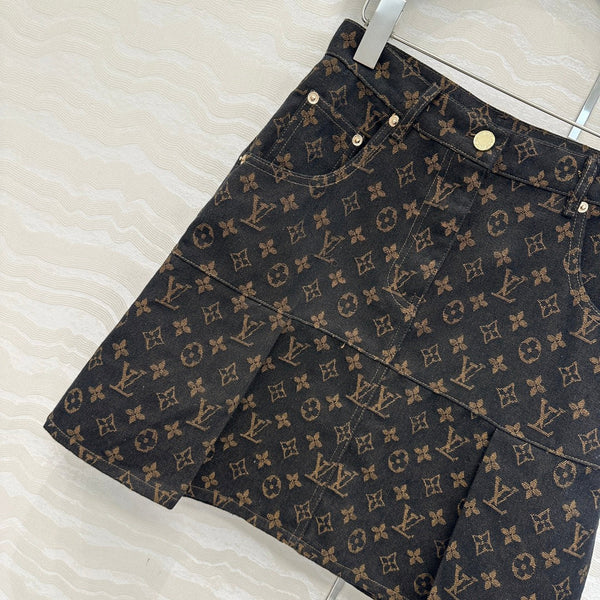 LV 25 Classic Logo Denim Skirt Black Cotton