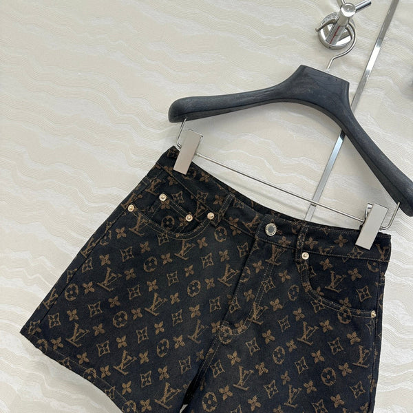 LV 25 Classic Logo Denim Shorts Black Cotton
