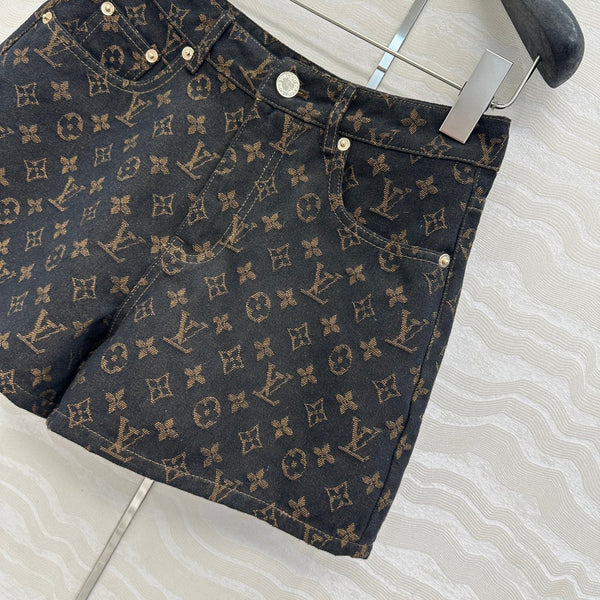 LV 25 Classic Logo Denim Shorts Black Cotton