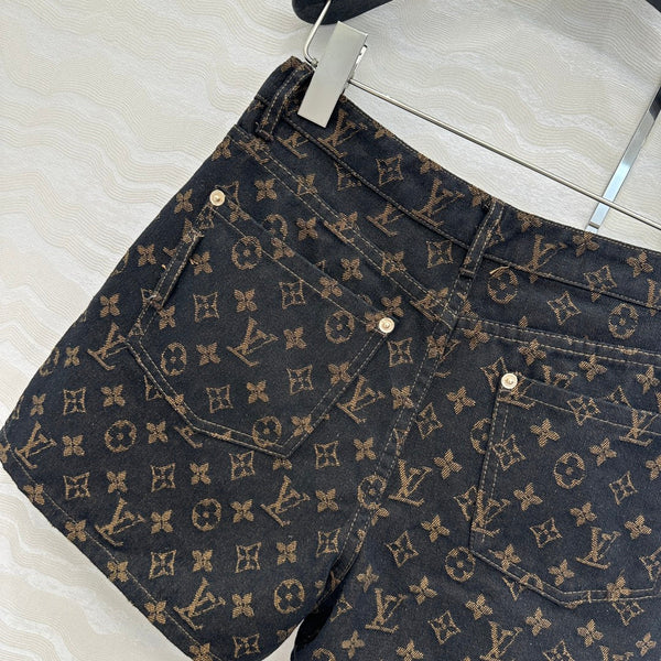 LV 25 Classic Logo Denim Shorts Black Cotton