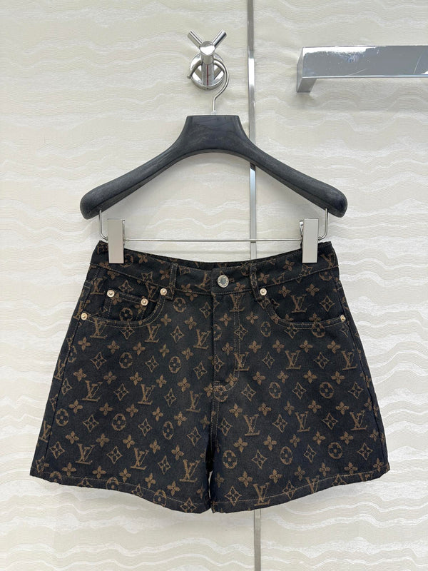 LV 25 Classic Logo Denim Shorts Black Cotton