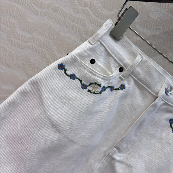 Celine 25 Embroidered Small Flower Skirt White Cotton