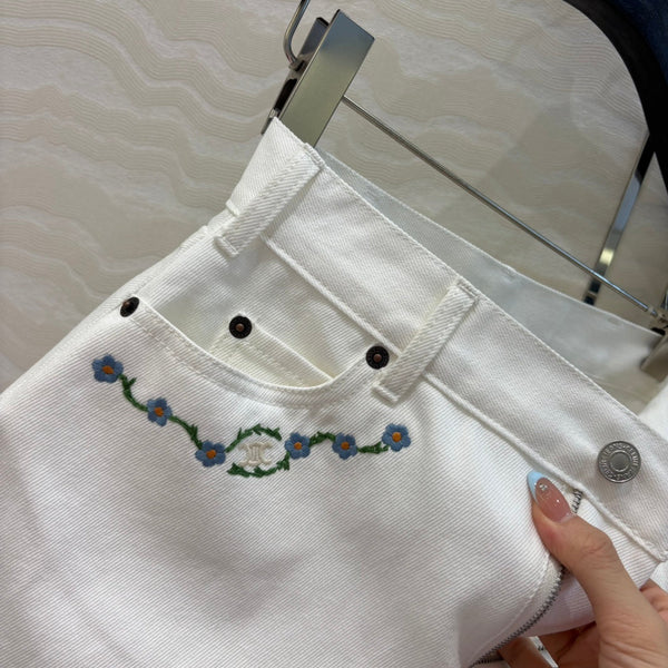 Celine 25 Embroidered Small Flower Skirt White Cotton