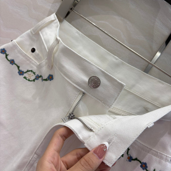 Celine 25 Embroidered Small Flower Skirt White Cotton