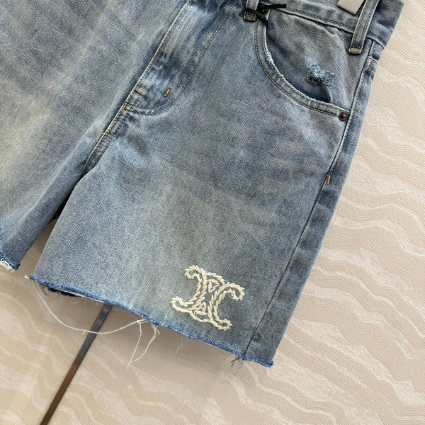Celine Logo Embroided Denim Short Light Blue Cotton