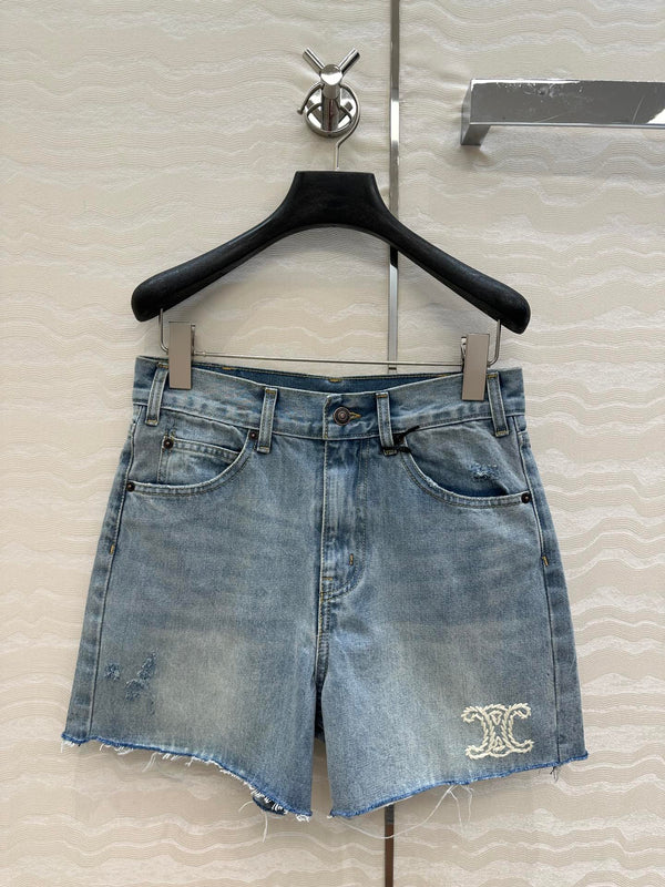 Celine Logo Embroided Denim Short Light Blue Cotton