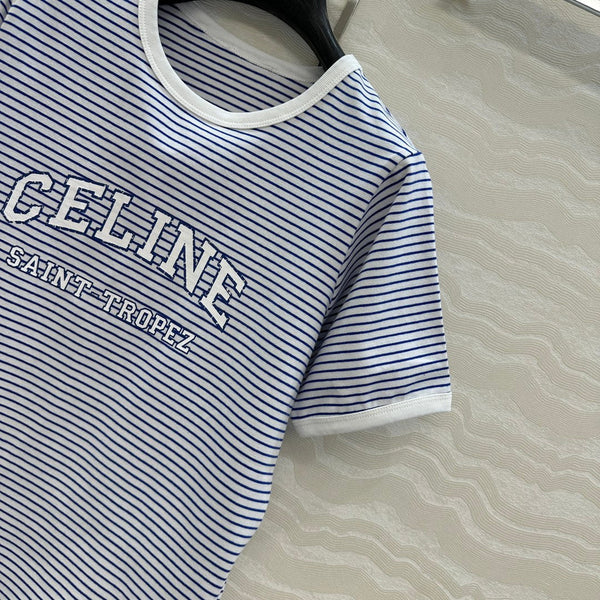 Maglietta a maniche corte con lettere a righe Celine 25 in cotone blu bianco
