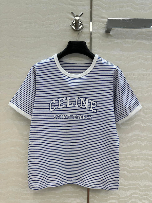 Maglietta a maniche corte con lettere a righe Celine 25 in cotone blu bianco
