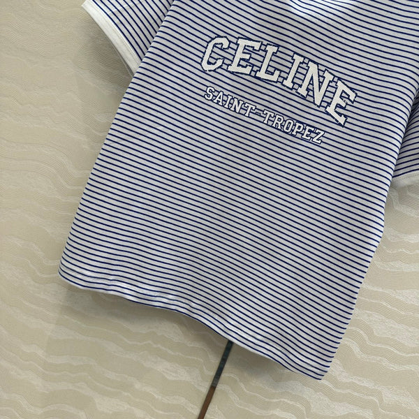 Maglietta a maniche corte con lettere a righe Celine 25 in cotone blu bianco
