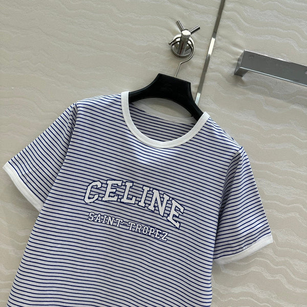 Maglietta a maniche corte con lettere a righe Celine 25 in cotone blu bianco