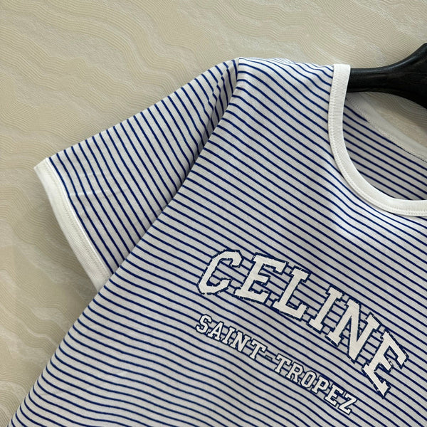 Maglietta a maniche corte con lettere a righe Celine 25 in cotone blu bianco