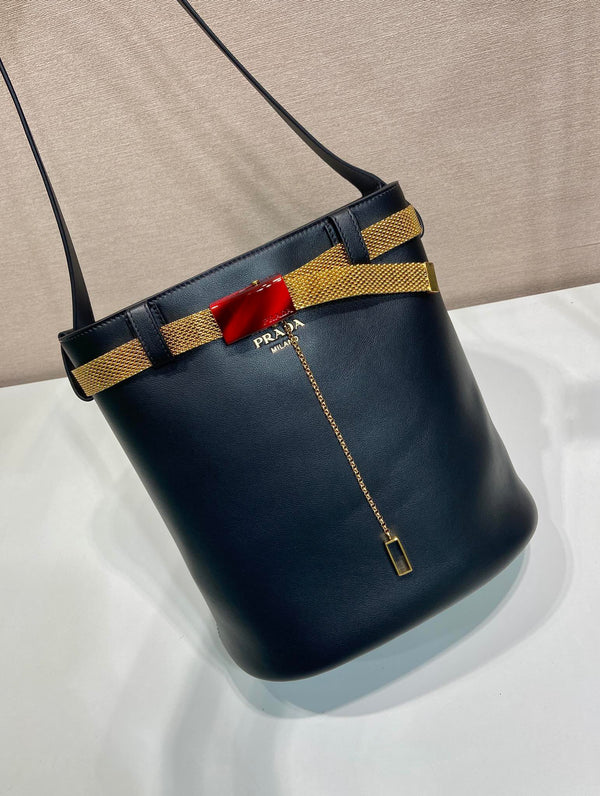 PRA bucket bag iron chain belt black leather 341179