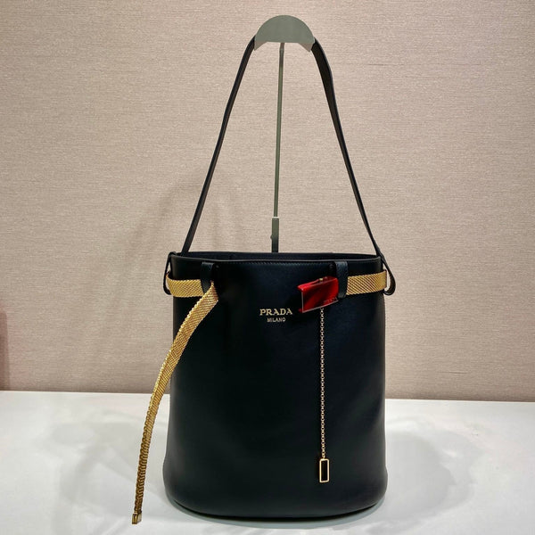 PRA bucket bag iron chain belt black leather 341179