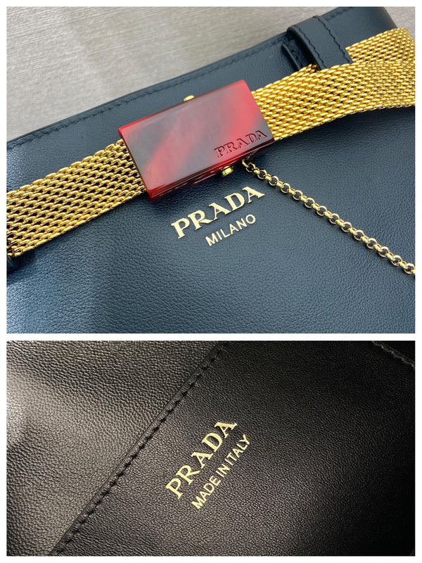 PRA bucket bag iron chain belt black leather 341179