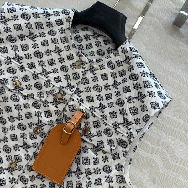 LV 25 Modern Logo Denim Vest Jacket Black White Poliester