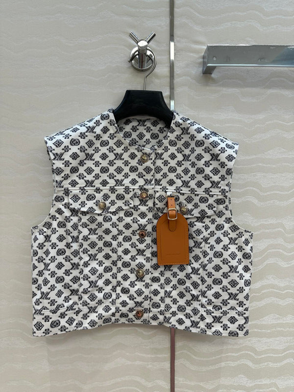 LV 25 Modern Logo Denim Vest Jacket Black White Poliester