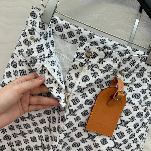 LV 25 Modern Logo Denim Pants Black White Poliester