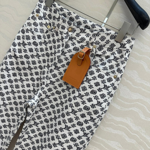 LV 25 Modern Logo Denim Pants Black White Poliester