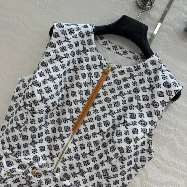 LV 25 Modern Logo Denim Long Vest Dress Black White Poliester