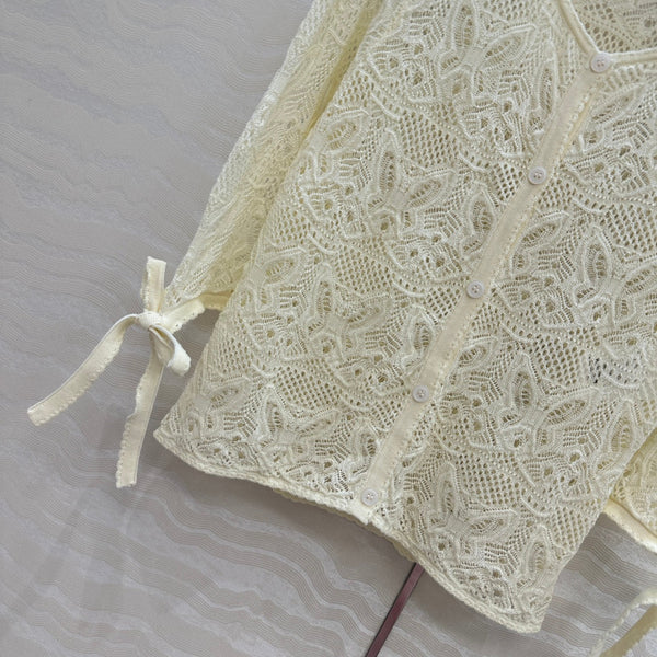 CD Hollowed-out Cardigan Light Cream Cotton
