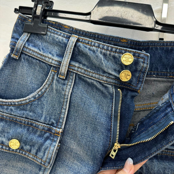 Celine Arc de Triomphe Metal Buckle Denim Shorts Blue Cotton
