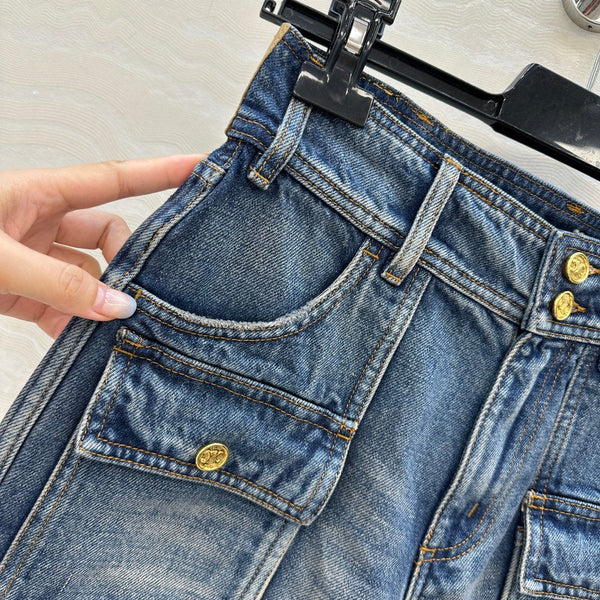 Celine Arc de Triomphe Metal Buckle Denim Shorts Blue Cotton