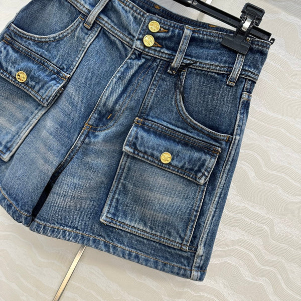 Celine Arc de Triomphe Metal Buckle Denim Shorts Blue Cotton
