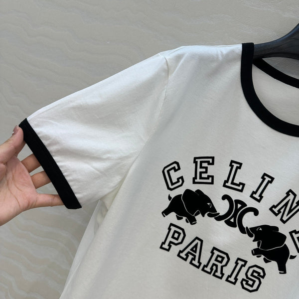 Celine Elephant Letter Flocking Short-sleeved T-shirt White mix Black Cotton