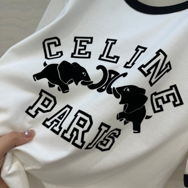 Celine Elephant Letter Flocking Short-sleeved T-shirt White mix Black Cotton