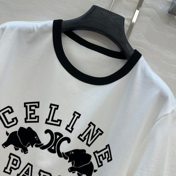 Celine Elephant Letter Flocking Short-sleeved T-shirt White mix Black Cotton