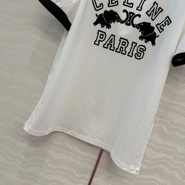 Celine Elephant Letter Flocking Short-sleeved T-shirt White mix Black Cotton