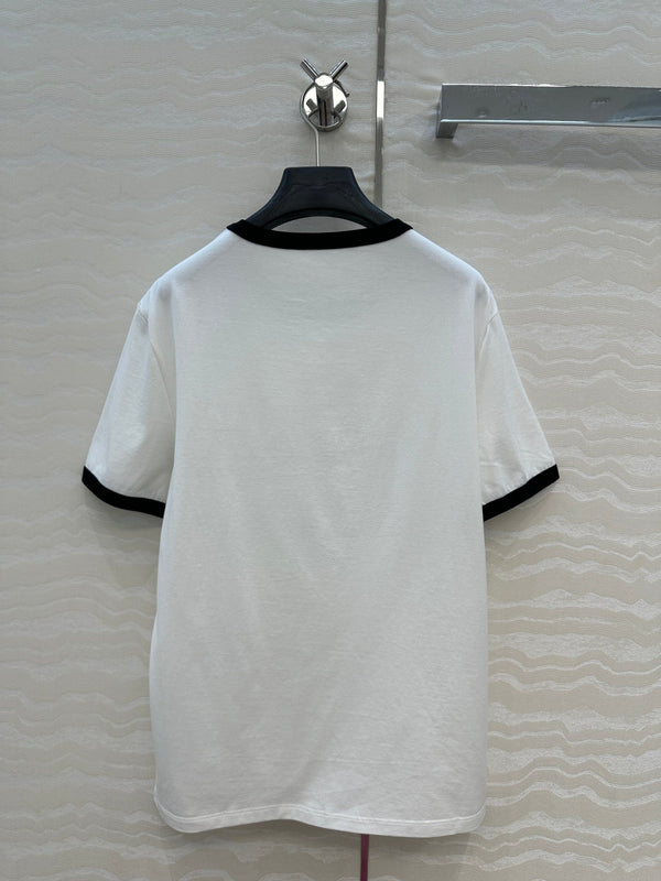 Celine Elephant Letter Flocking Short-sleeved T-shirt White mix Black Cotton