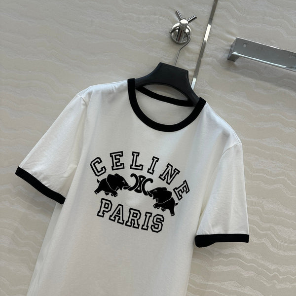 Celine Elephant Letter Flocking Short-sleeved T-shirt White mix Black Cotton