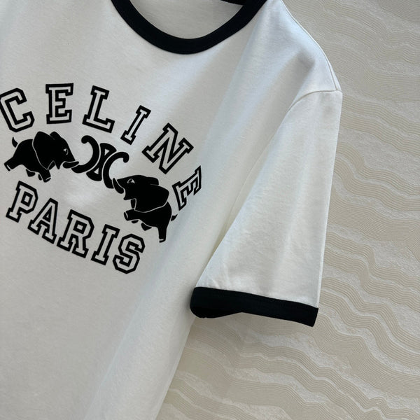 Celine Elephant Letter Flocking Short-sleeved T-shirt White mix Black Cotton