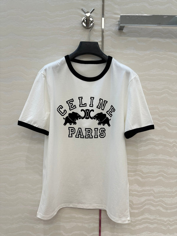 Celine Elephant Letter Flocking Short-sleeved T-shirt White mix Black Cotton