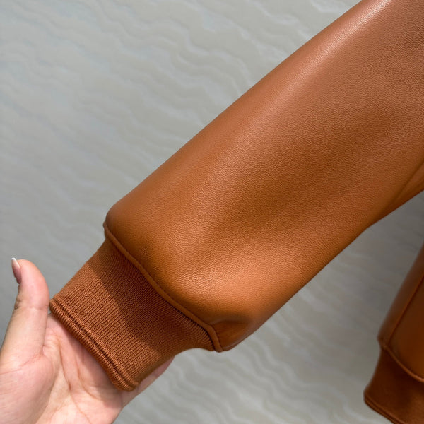 Miu Miu 25 Hooded Leather Jacket Orange Brown