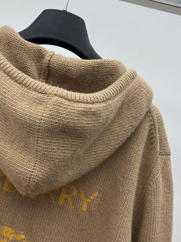 Burberry 25 Zipper-Up Hooded Knit Cardigan Beige Wool Cashmere