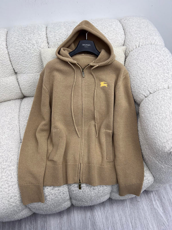 Burberry 25 Zipper-Up Hooded Knit Cardigan Beige Wool Cashmere