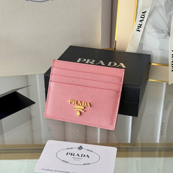 Pra Gold Logo-Stamp Card Holder Pink Saffiano Leather