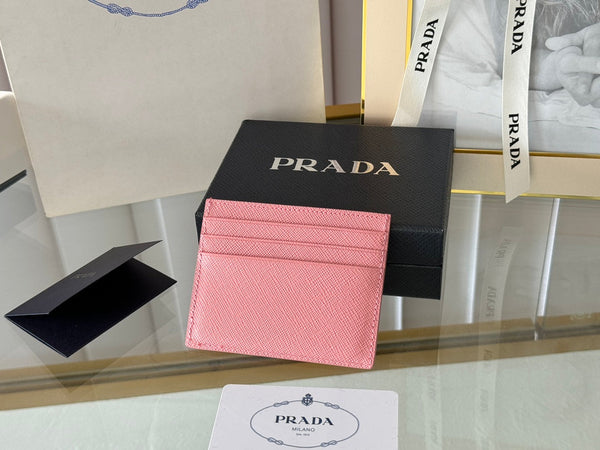 Pra Gold Logo-Stamp Card Holder Pink Saffiano Leather